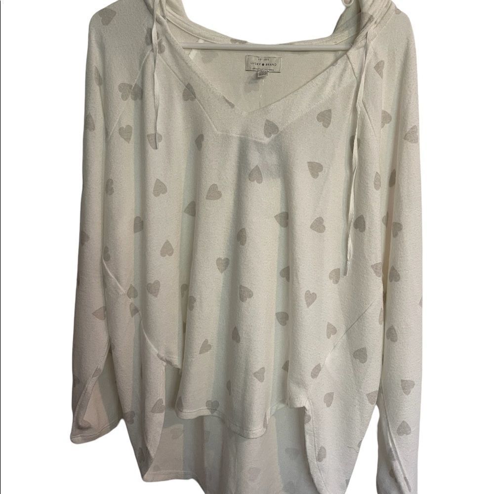 LUCKY BRAND Hearts Print Hooded High Low Hem Sweatshirt.Size S
